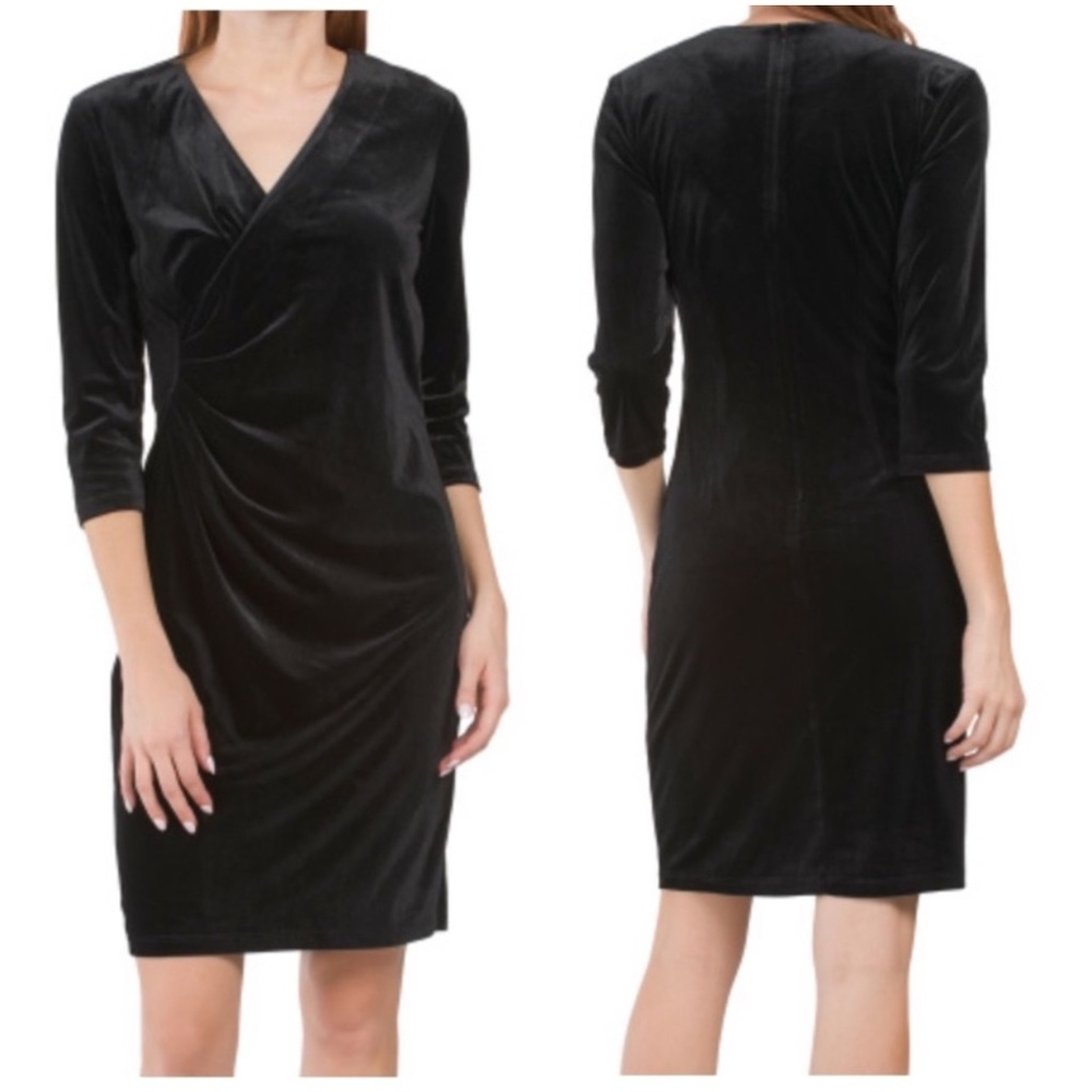 J. McLaughlin Womens Black Velvet Sheath Dress Size M Witchy V Neck Stretchy LBD